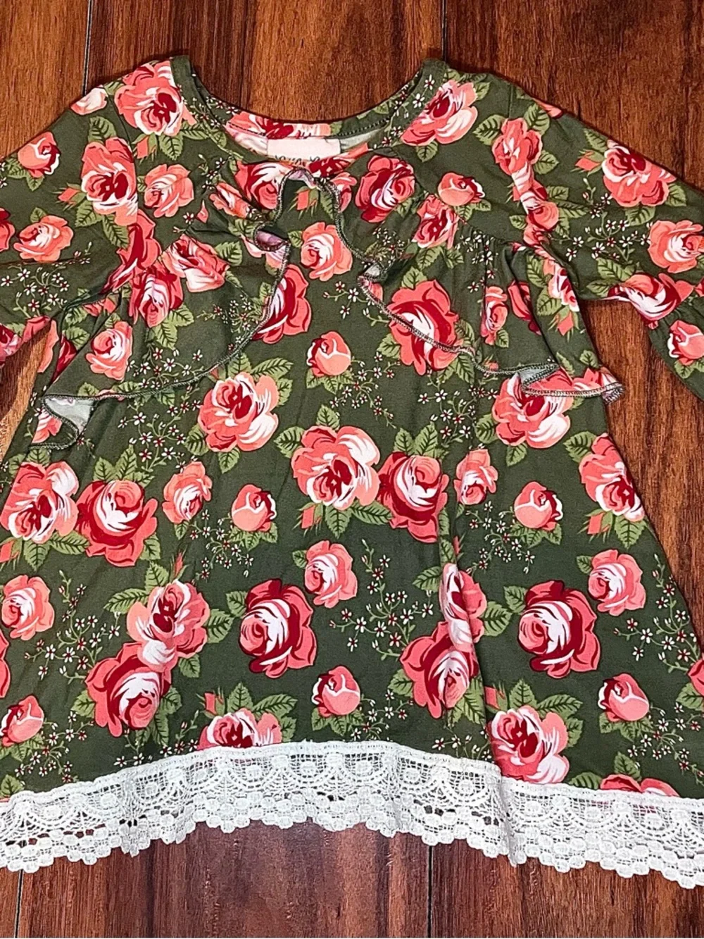 Little Lass Olive Green Floral Ruffle Top with Pink & Red Roses 3/$18 or 4/$20 - Picture 2 of 10